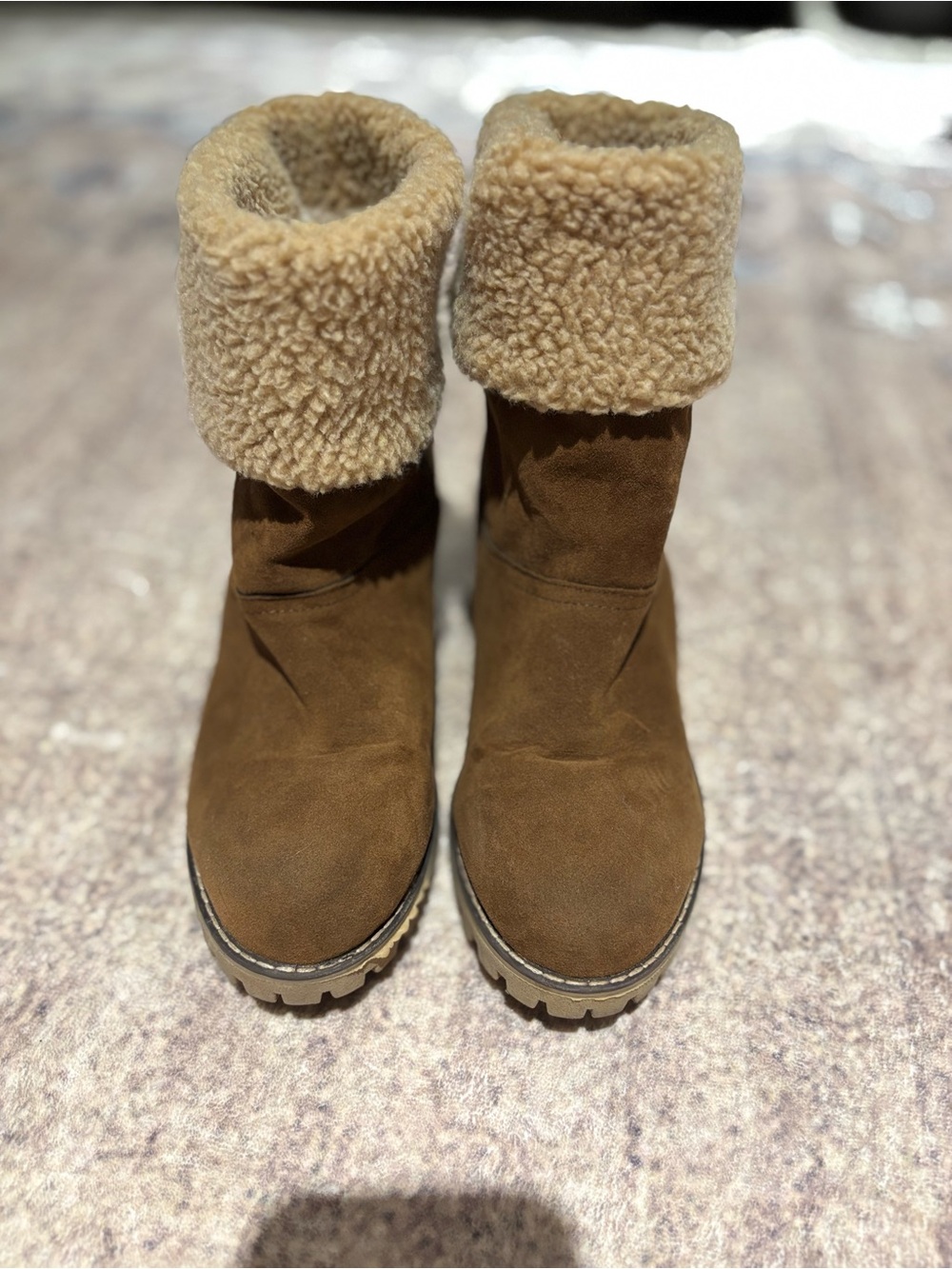 Women's Brown Suede Shearling Cuff Winter Boots
